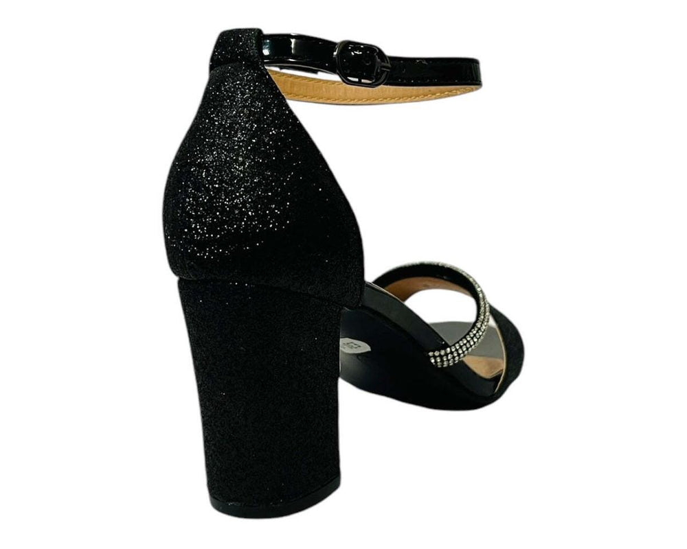 BLACK GLITTER BLOCK HEEL DIAMANTE DETAIL PARTY SANDALS