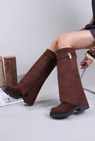 Brown Faux Suede Fold Over Knee High Shark Boots with Chunky Sole