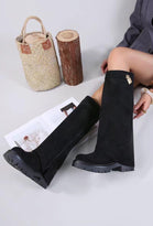 Black Faux Suede Fold Over Knee High Shark Boots with Chunky Sole