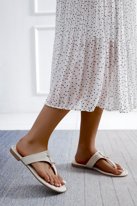 Women’s Beige Comfort Thong Flat Sandals with Buckle Accent