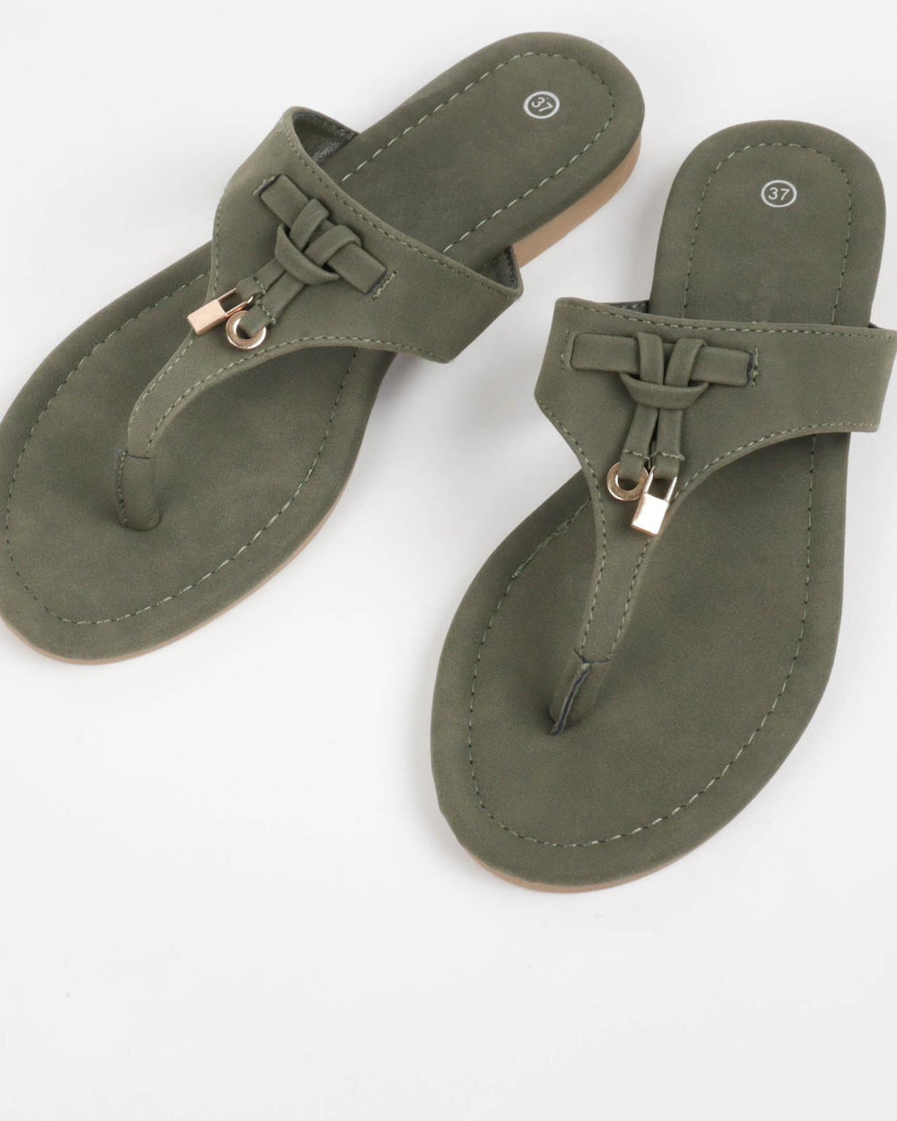 Women’s Green Comfort Thong Flat Sandals with Buckle Accent