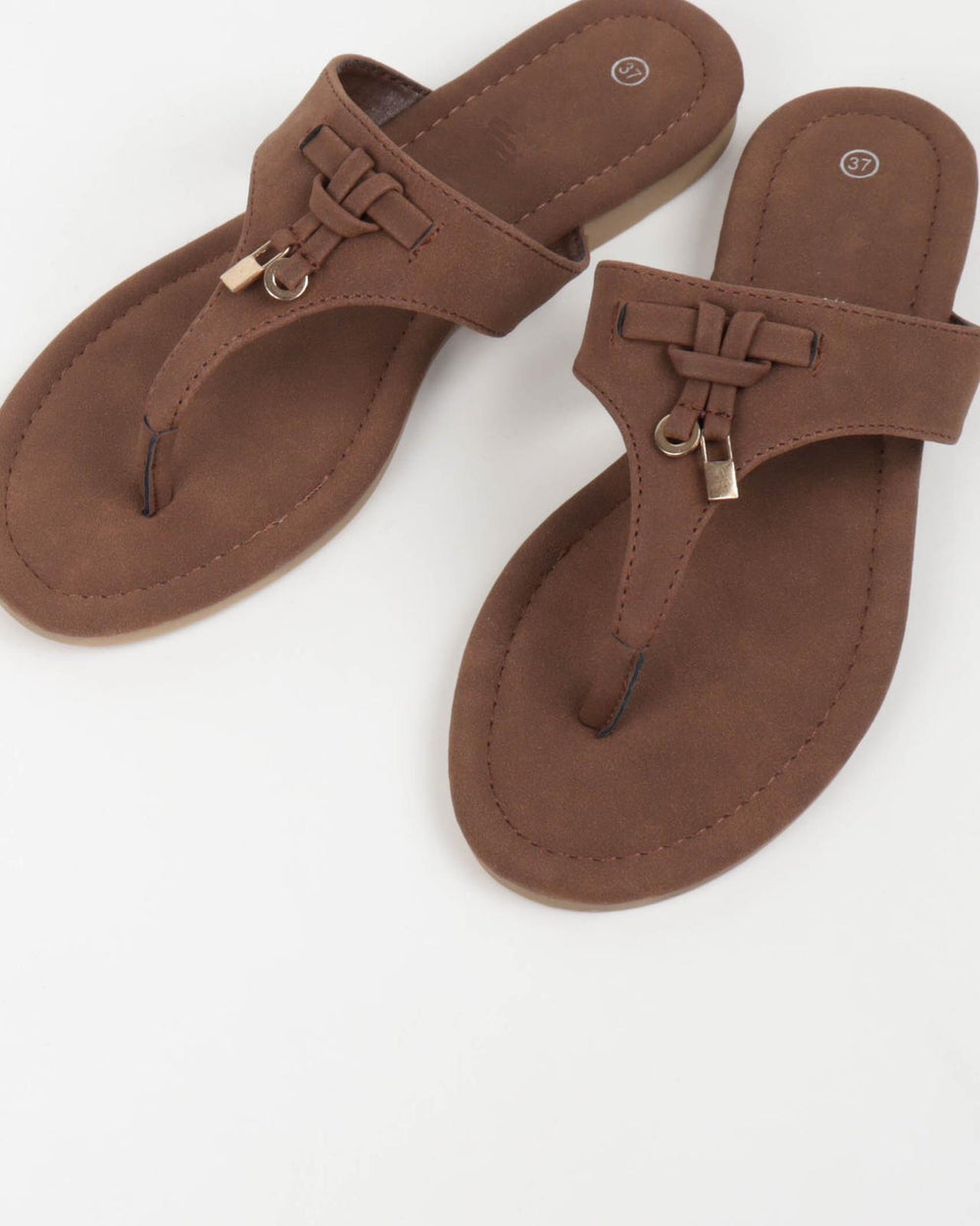 Women’s Brown Comfort Thong Flat Sandals with Buckle Accent