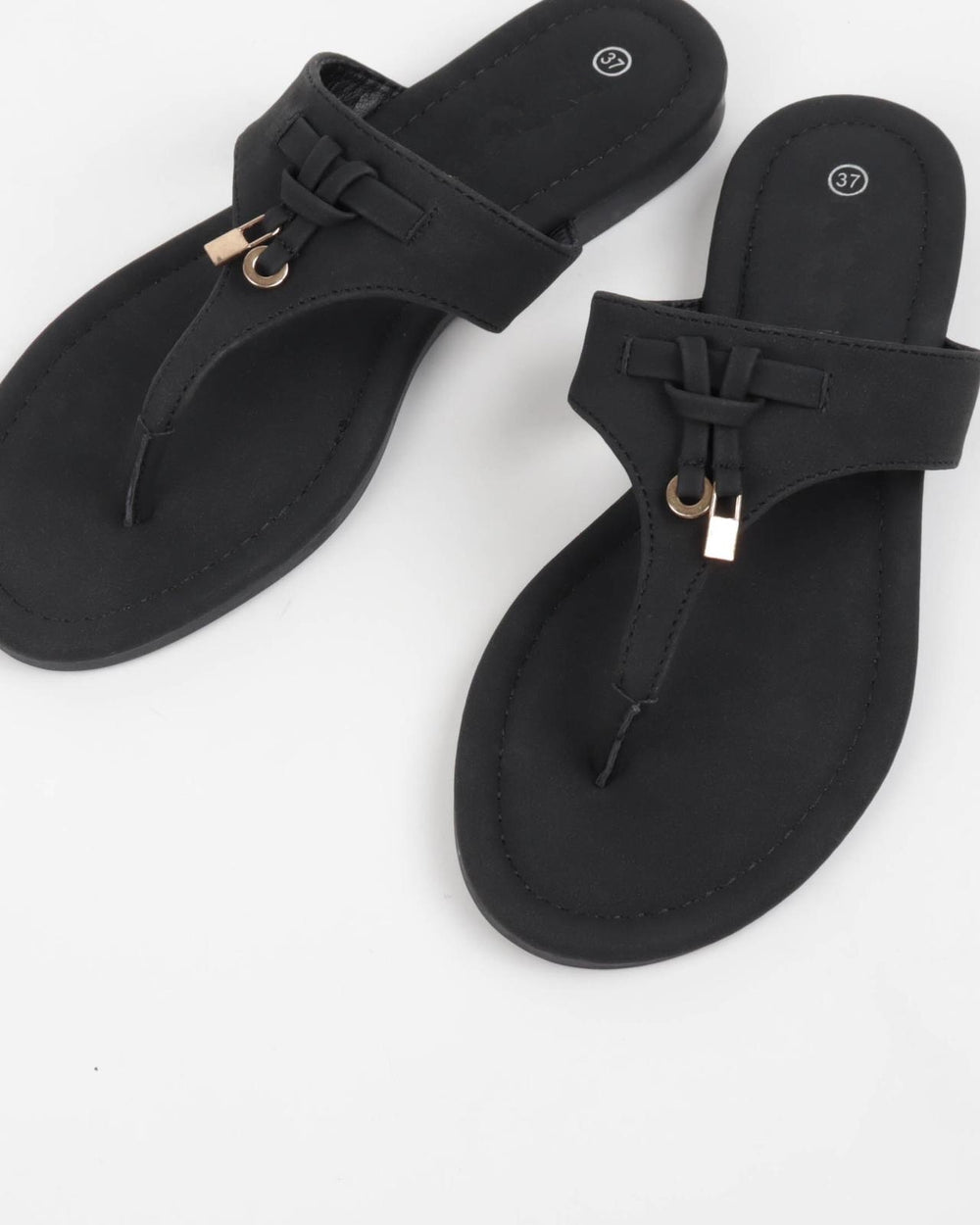 Women’s Black Comfort Thong Flat Sandals with Buckle Accent