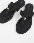 Women’s Black Comfort Thong Flat Sandals with Buckle Accent