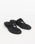 Women’s Black Comfort Thong Flat Sandals with Buckle Accent