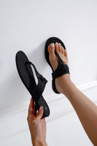 Women’s Black Comfort Thong Flat Sandals with Buckle Accent