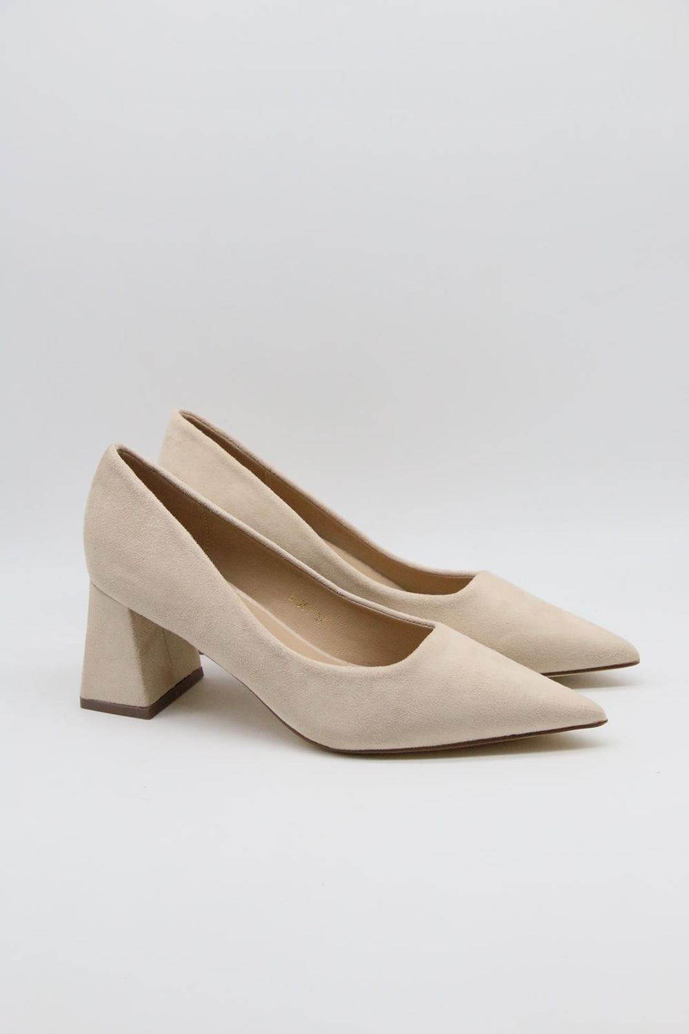 Beige Faux Suede Pointed-Toe Block Heel Pumps | Wholesale Footwear