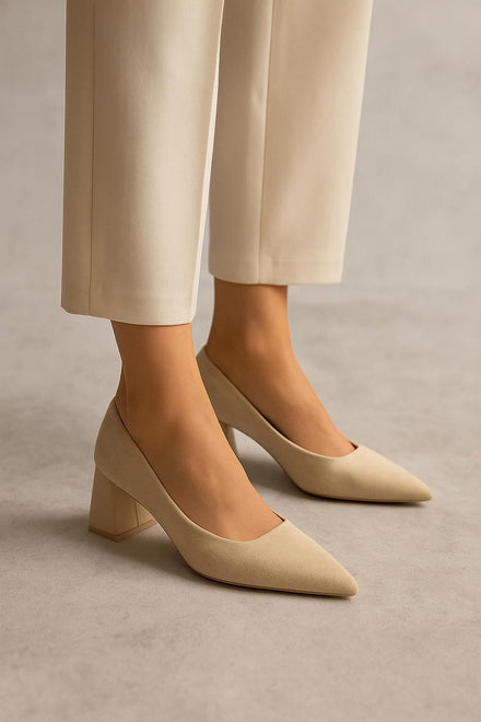 Beige Faux Suede Pointed-Toe Block Heel Pumps | Wholesale Footwear
