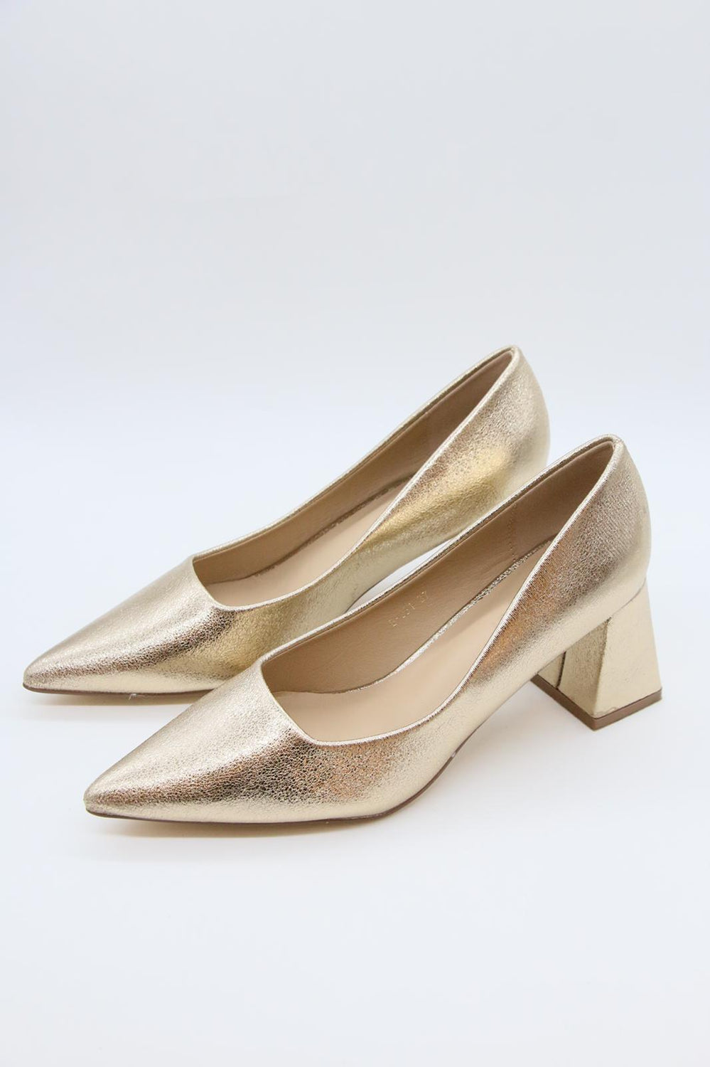 Metallic Gold Pointed-Toe Block Heel Pumps | Wholesale Footwear