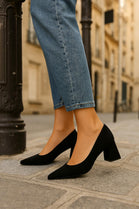 Black Faux Suede Pointed-Toe Block Heel Pumps | Wholesale Footwear