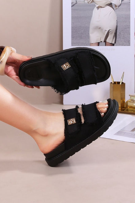 Black Double-Strap Slide Sandals with Buckle Detail
