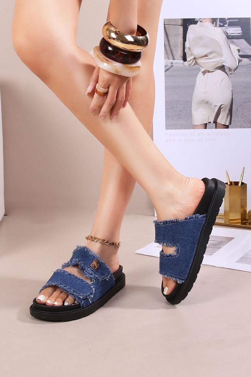 Dark Blue Double-Strap Slide Sandals with Buckle Detail