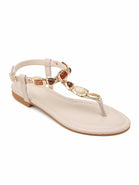 Jewelled Ankle-Strap Flat Sandals In Beige | Wholesale Summer Footwear