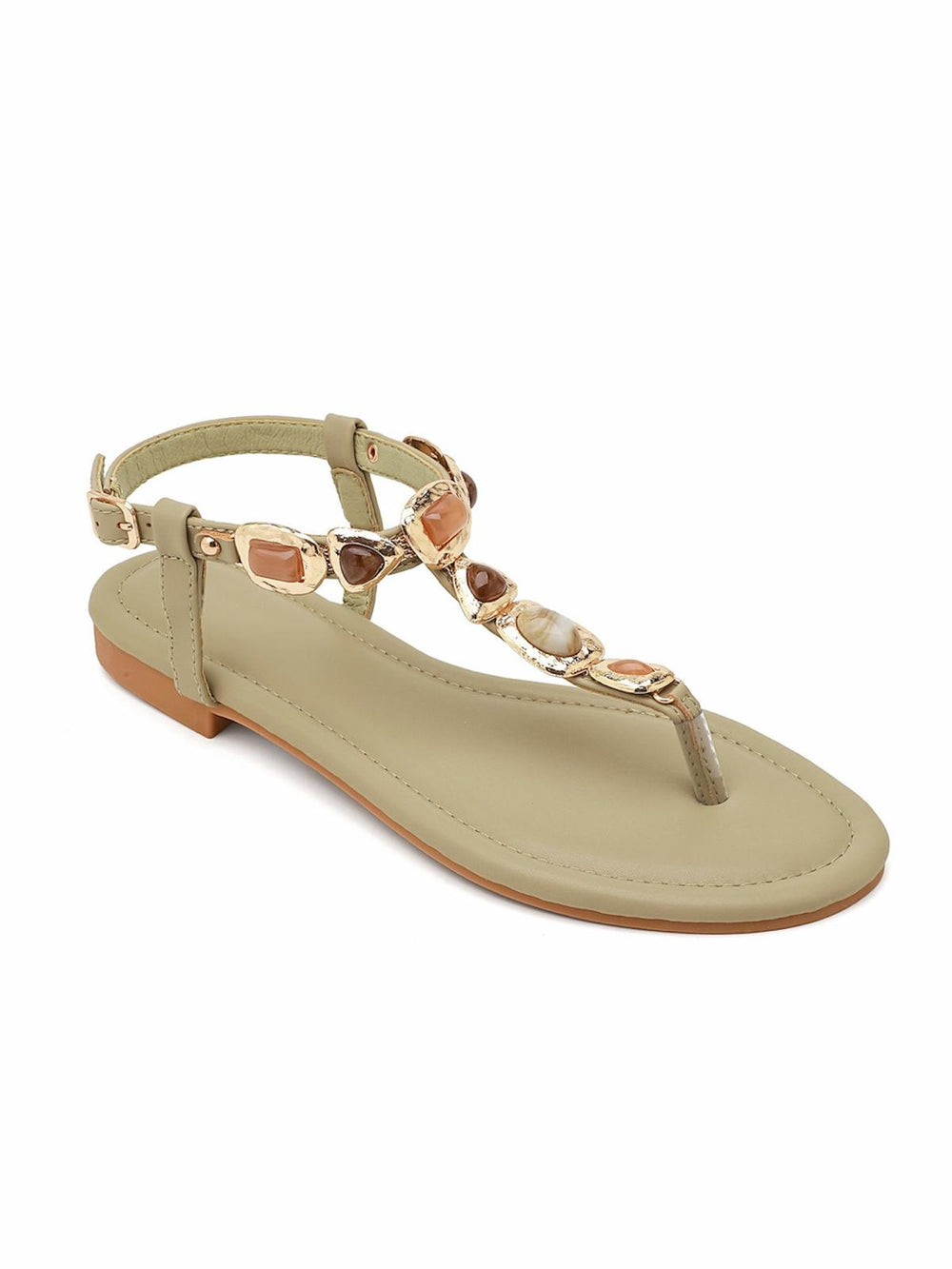 Jewelled Ankle-Strap Flat Sandals In Green | Wholesale Summer Footwear