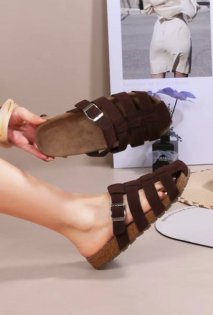 Brown Faux Suede Mules | Adjustable Buckle Slip-On Sandals