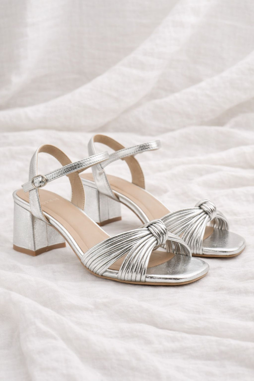 Women's Silver Knot Strap Low Block Heel Sandals – Party & Wedding Heels