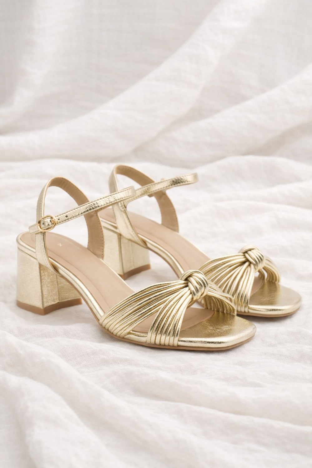 Women's Gold Knot Strap Low Block Heel Sandals – Party & Wedding Heels