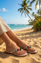 Women’s White Pu Flat Sandals with Multicolour Gem Strap