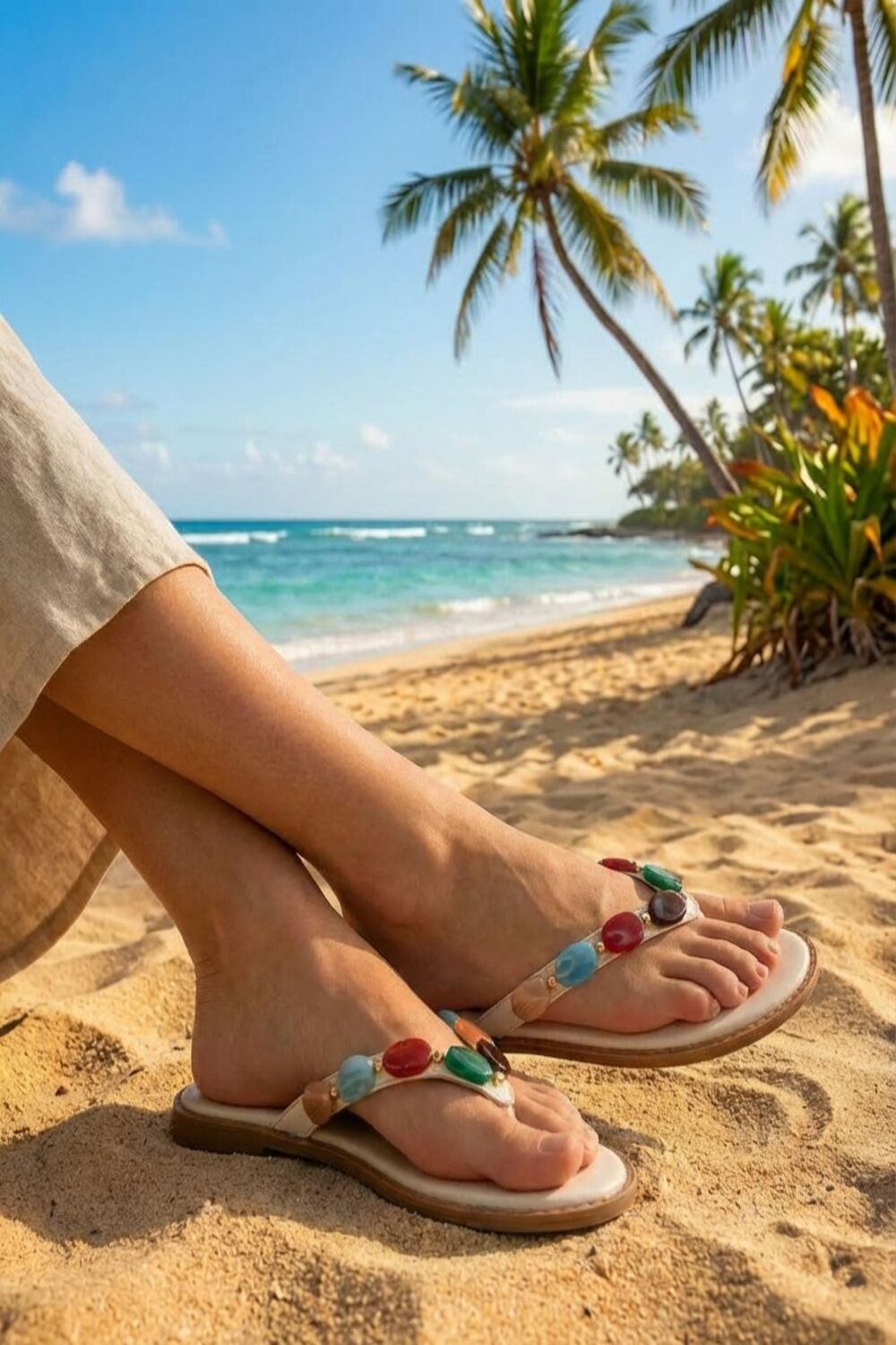 Women’s White Pu Flat Sandals with Multicolour Gem Strap