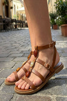 Women's Tan Pu Stone-Embellished Flat Multi-Strap Gladiator Sandals