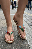 Women’s Gold Flat Sandals with Multicolour Gem Strap