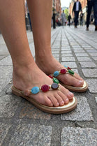 Women’s Gold Flat Sandals with Multicolour Gem Strap
