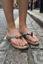 Women’s Gold Flat Sandals with Multicolour Gem Strap