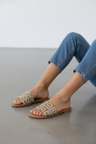 Women's Gold Rhinestone Detail Slide Sandals Luxe Sparkle Flats