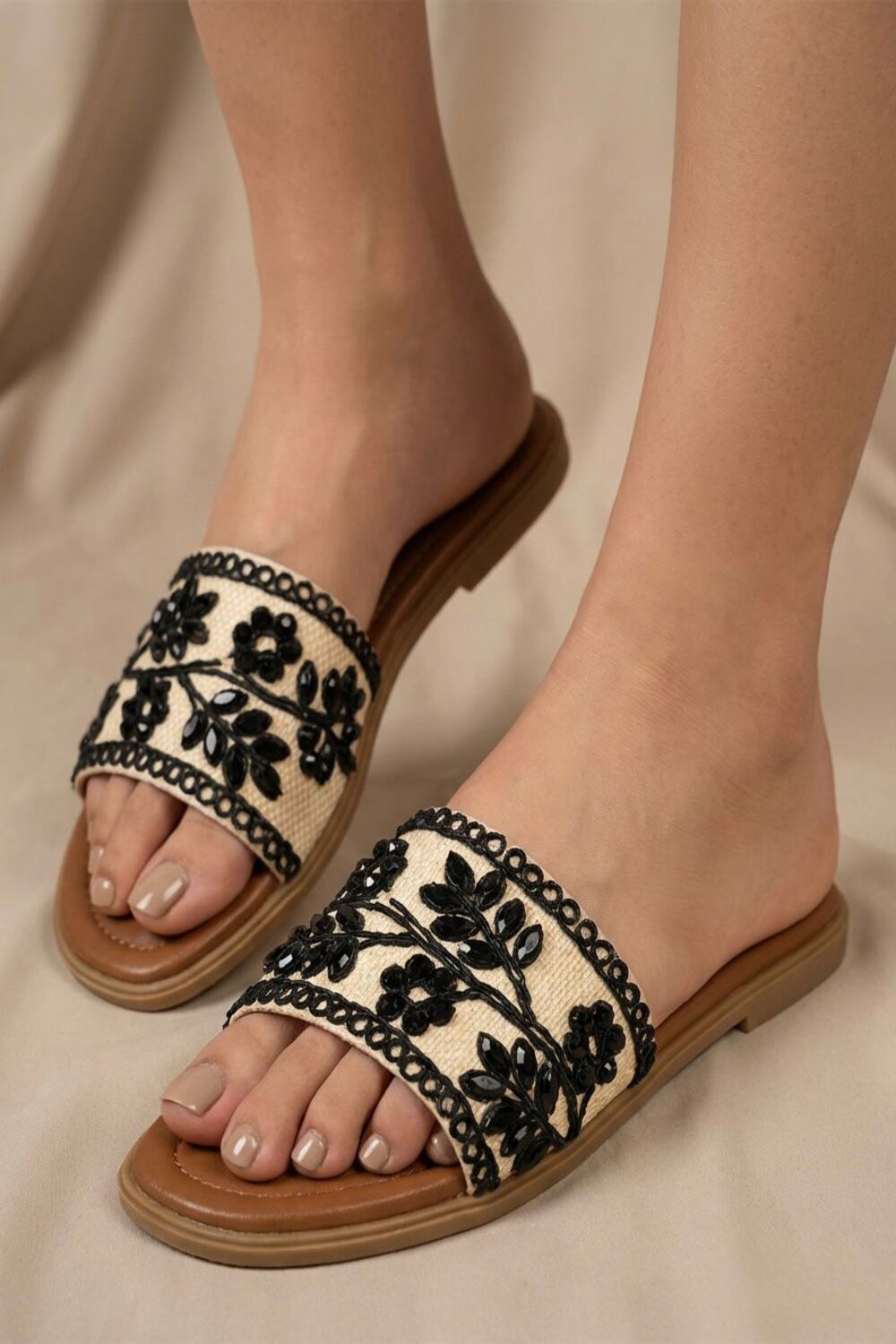 Women's Black Floral Crystal & Pearl Embellished Flat Slider Sandals