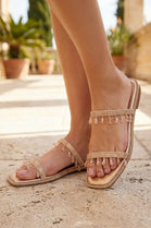 Women's Champagne Crystal Fringe Sparkly Flat Slide Sandals