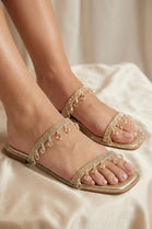 Women's Gold Crystal Fringe Sparkly Flat Slide Sandals