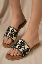 Women's Black Floral Crystal & Pearl Embellished Flat Slider Sandals