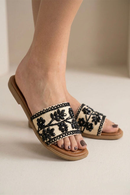 Women's Black Floral Crystal & Pearl Embellished Flat Slider Sandals