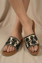 Women's Black Floral Crystal & Pearl Embellished Flat Slider Sandals