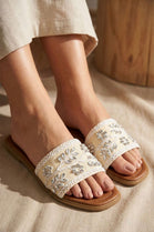 Women's Beige Floral Crystal & Pearl Embellished Flat Slider Sandals