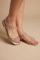 Women's Champagne Crystal Fringe Sparkly Flat Slide Sandals