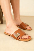 Women’s Tan Pu Flat Slide Sandals with Gold Padlock Buckle