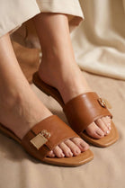 Women’s Tan Pu Flat Slide Sandals with Gold Padlock Buckle