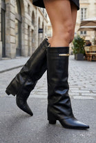 Women’s Black Pu Fold-Over Knee-High Shark Boots with Gold Hardware