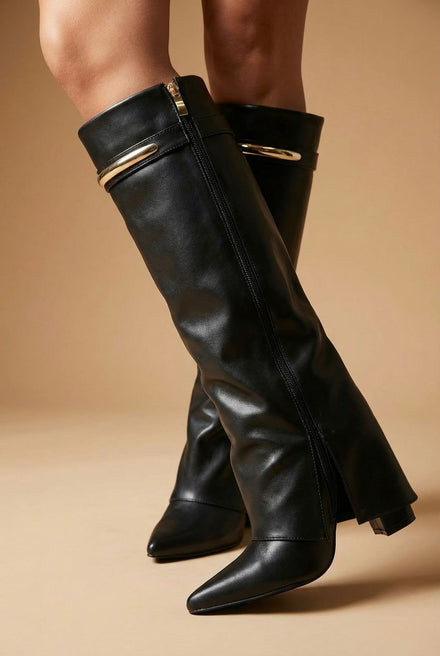 Women’s Black Pu Fold-Over Knee-High Shark Boots with Gold Hardware