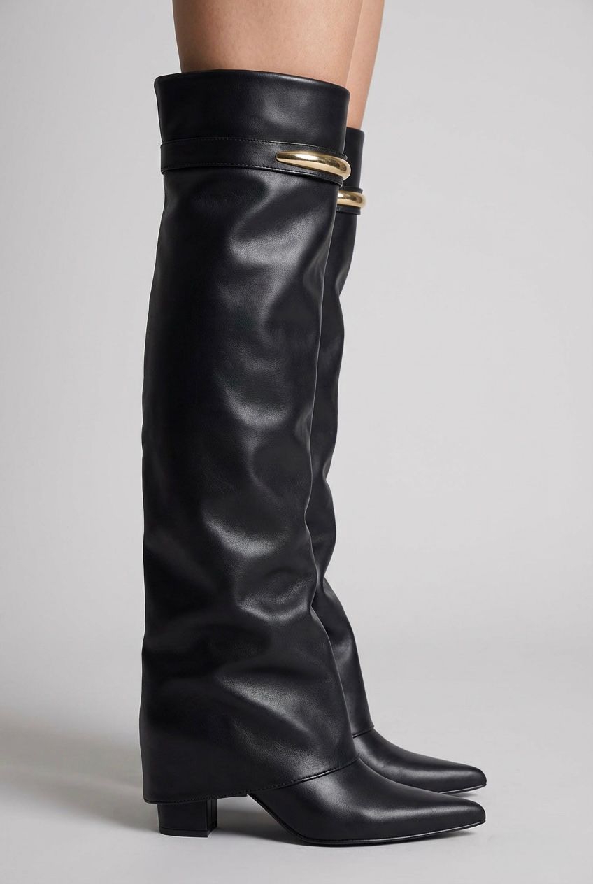 Women’s Black Pu Fold-Over Knee-High Shark Boots with Gold Hardware