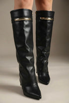 Women’s Black Pu Fold-Over Knee-High Shark Boots with Gold Hardware