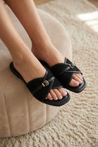 Women’s Black Suede Cross Strap Flat Slides Buckle Sandals
