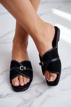 Women’s Black Suede Cross Strap Flat Slides Buckle Sandals