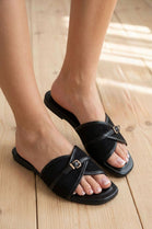 Women’s Black Suede Cross Strap Flat Slides Buckle Sandals