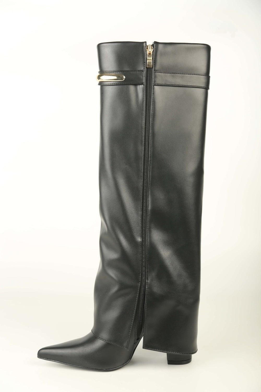 Women’s Black Pu Fold-Over Knee-High Shark Boots with Gold Hardware