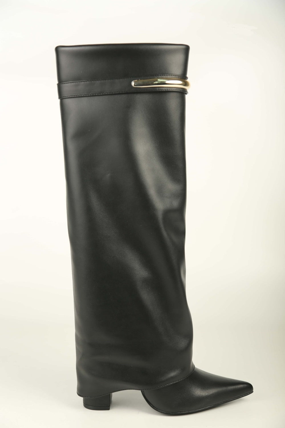 Women’s Black Pu Fold-Over Knee-High Shark Boots with Gold Hardware