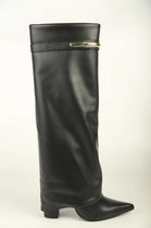 Women’s Black Pu Fold-Over Knee-High Shark Boots with Gold Hardware
