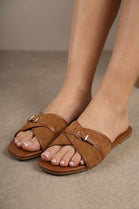 Women’s Tan Suede Cross Strap Flat Slides Buckle Sandals