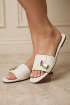Women’s Cream Flat Slide Sandals with Gold Padlock Buckle